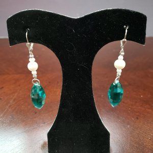 Teal Quartz and Pearl Sterling Silver Earrings